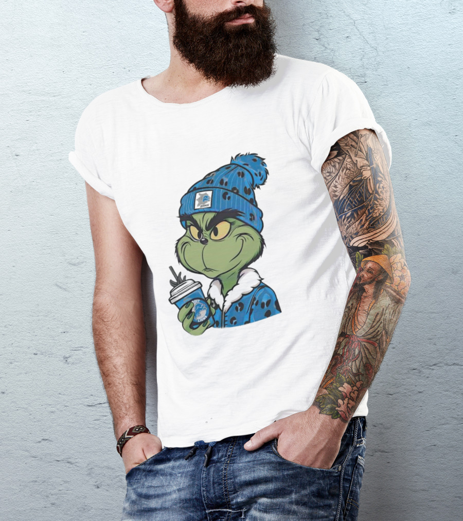 Grinch Wearing Detroit Lions Winter Outfit Holding Drink Christmas T-Shirt