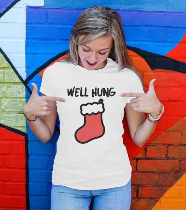 Well Hung Red Christmas Stocking Holiday Pun T-Shirt
