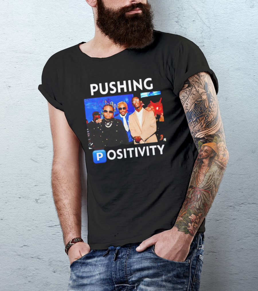 Pushing Positivity Iconic Trio With Blue Background T-Shirt