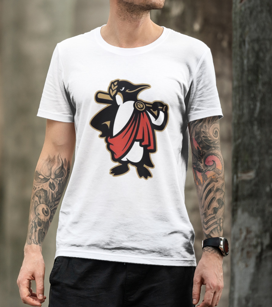 Rome Emperors Penguin In Red Toga With Baseball Bat And Laurel Wreath T-Shirt