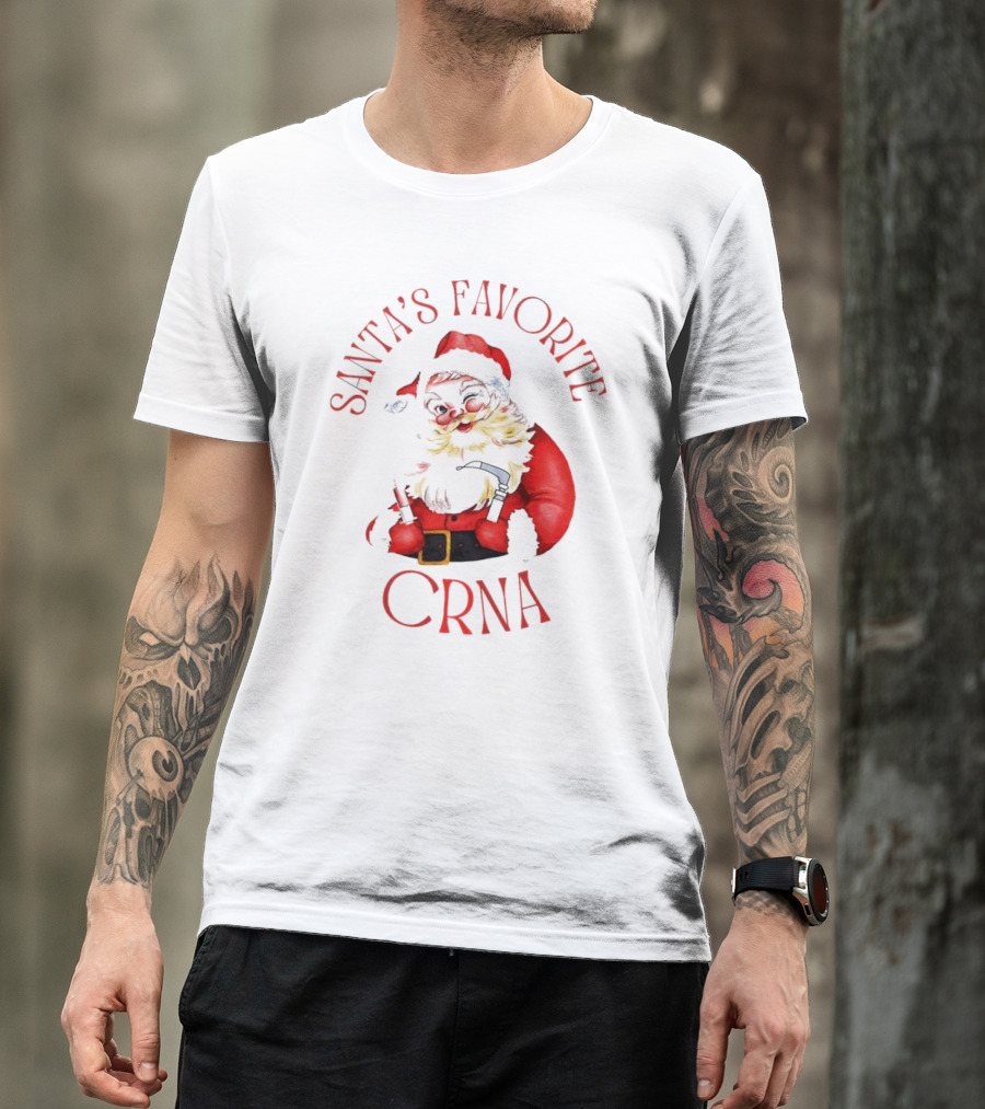 Santa's Favorite CRNA Christmas Festive Red Suit And Beard T-Shirt
