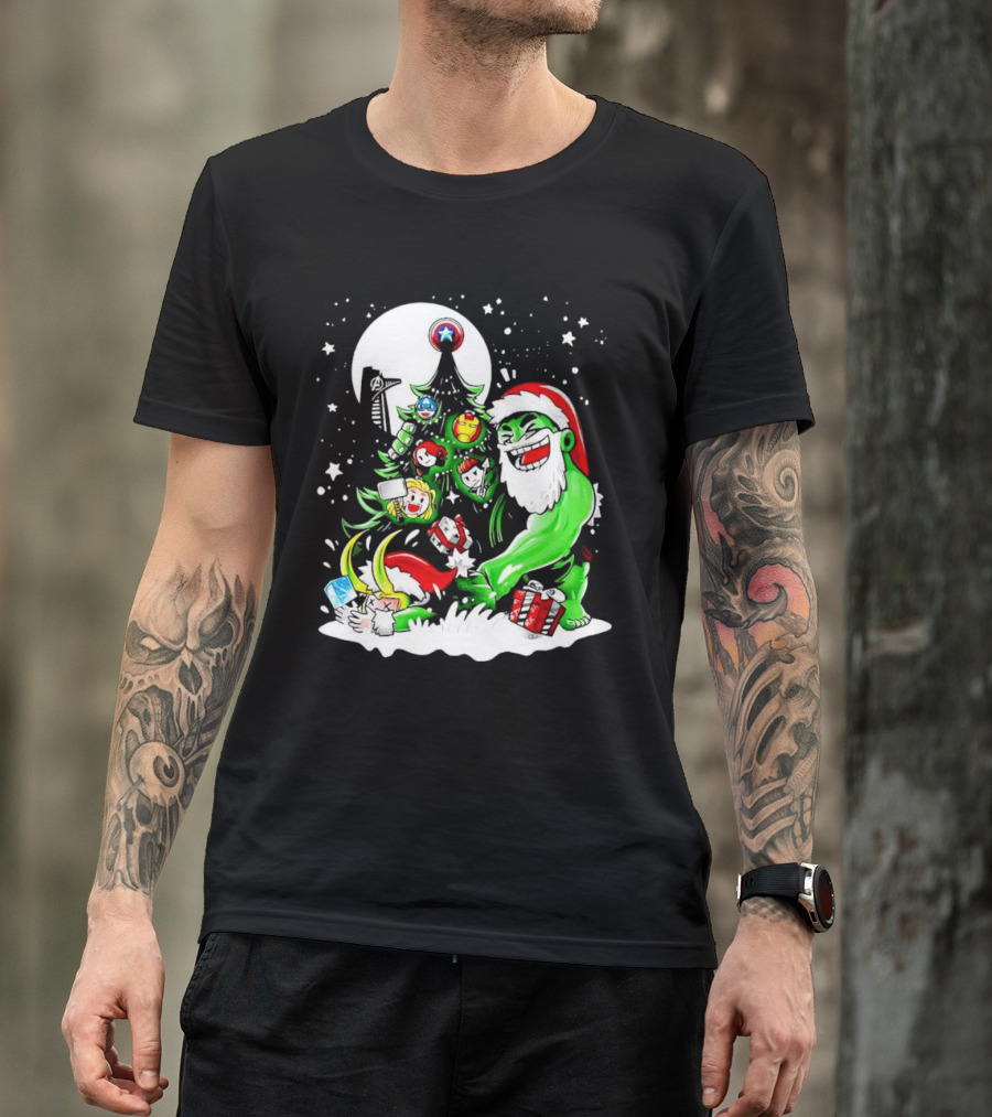 The Avengers Marvel Characters Christmas Tree With Hulk Santa And Superhero Ornaments T-Shirt