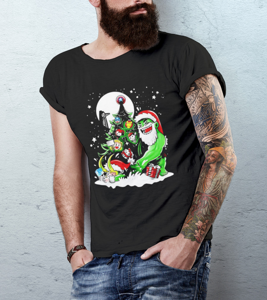 The Avengers Marvel Characters Christmas Tree With Hulk Santa And Superhero Ornaments T-Shirt
