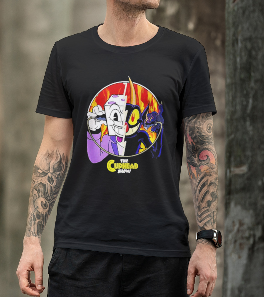 The Cuphead Show King Dice Devil Iconic Faces Fiery Background T-Shirt