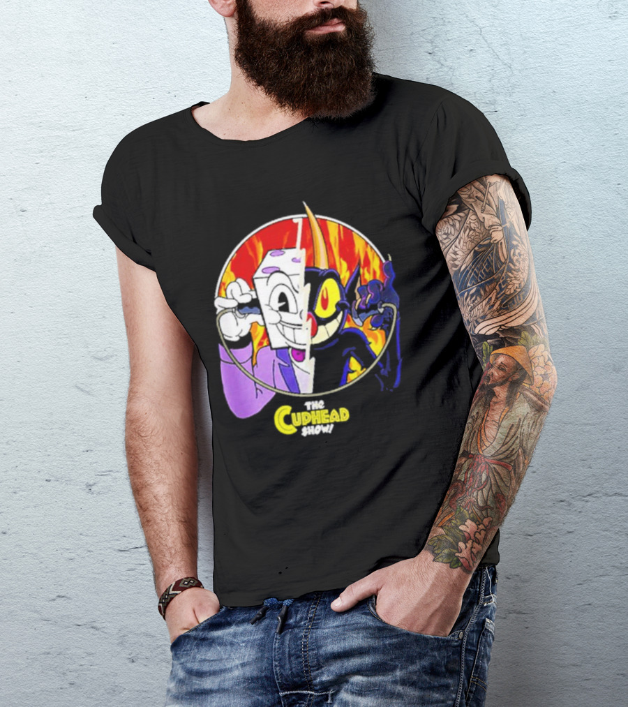 The Cuphead Show King Dice Devil Iconic Faces Fiery Background T-Shirt