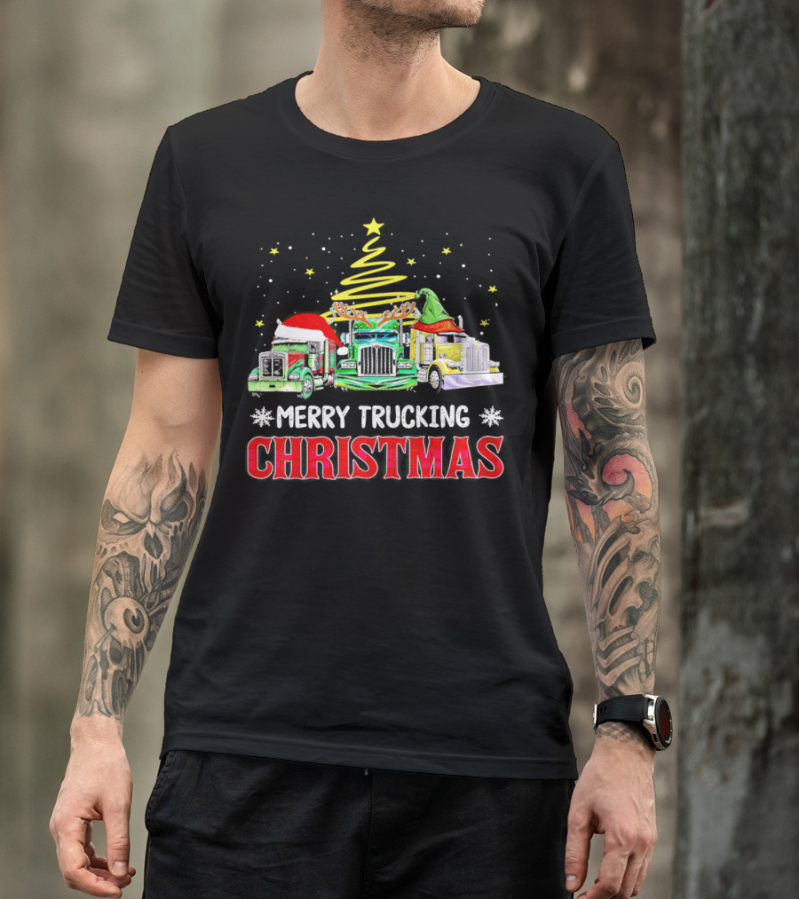 Merry Trucking Christmas With Festive Decorated Trucks And Starry Tree T-Shirt