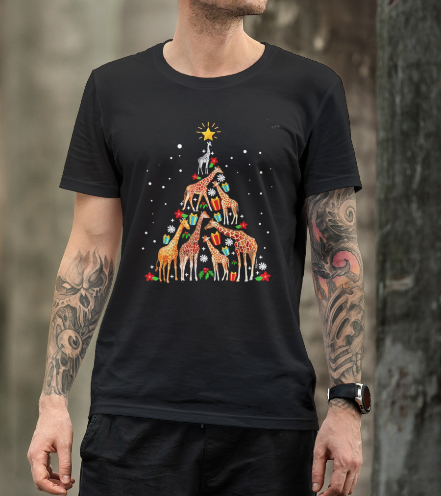 Giraffe Christmas Tree Star Presents Snowflakes T-Shirt