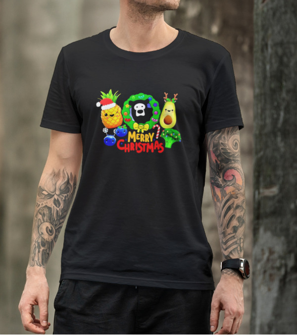 Hey Bear Sensory Merry Christmas Pineapple Avocado Broccoli Wreath T-Shirt