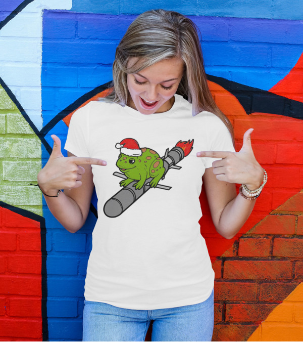 Missile Toad Christmas Frog With Santa Hat Riding A Rocket T-Shirt
