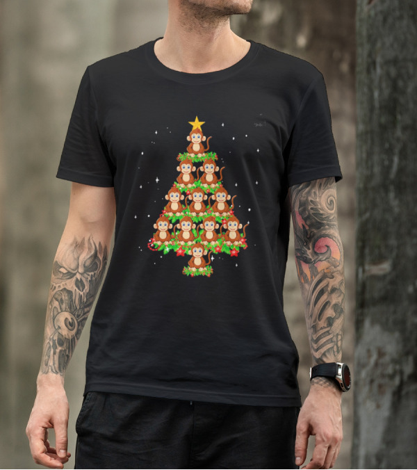 Monkey Christmas Tree Star Top Holiday Decor T-Shirt