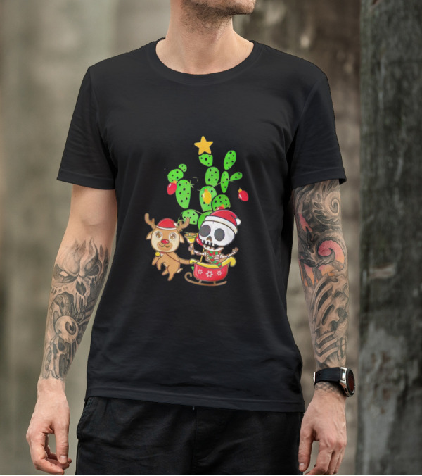 Nopalito Calacas Feliz Navidad Cactus Skeleton Reindeer Christmas T-Shirt