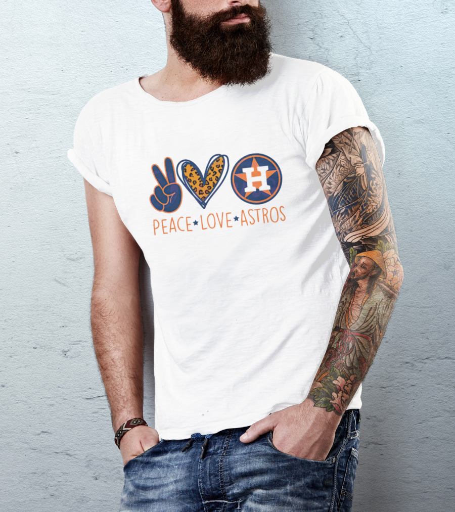 Peace Love Astros Leopard Heart Baseball Team T-Shirt