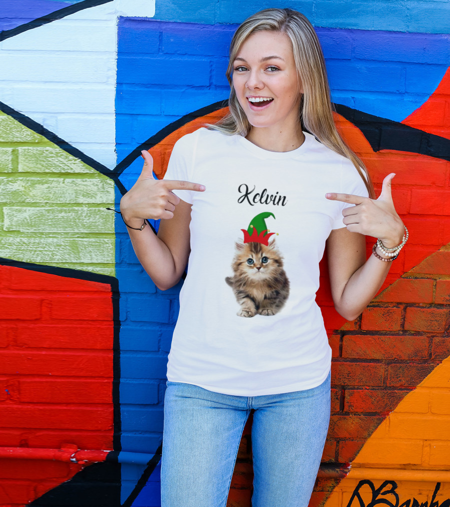 Kelvin Cat Wearing Elf Hat Merry Christmas Custom Name T-Shirt