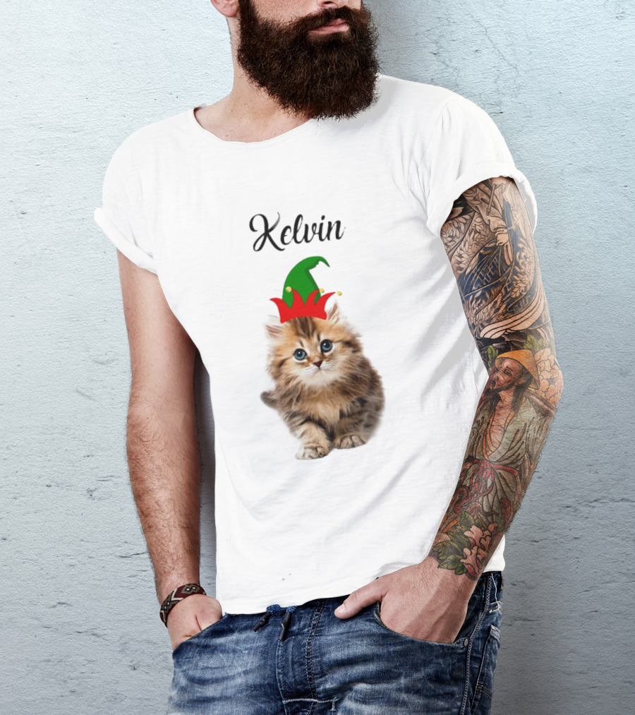 Kelvin Cat Wearing Elf Hat Merry Christmas Custom Name T-Shirt