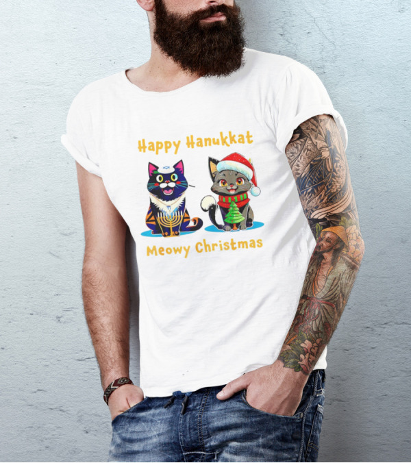 Happy Hanukkat Meowy Christmas Cats In Festive Holiday Attire T-Shirt