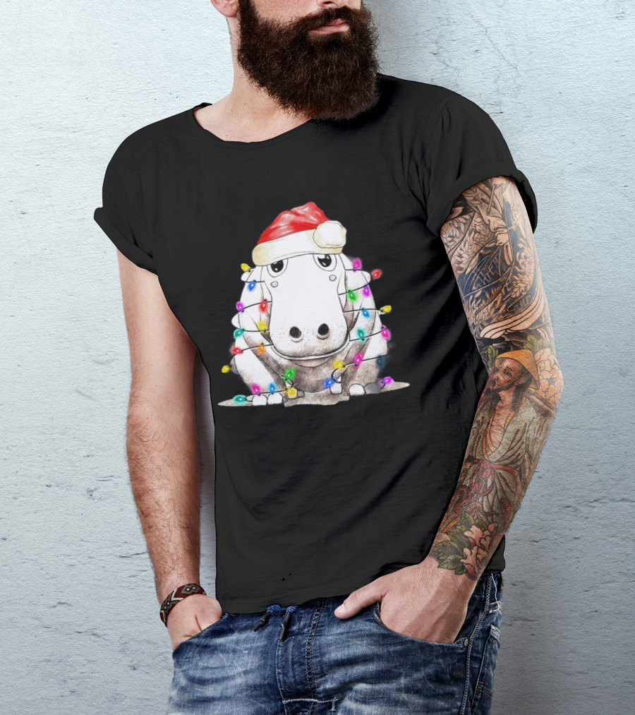 Santa Hippo Wrapped In Christmas Lights With Santa Hat T-Shirt