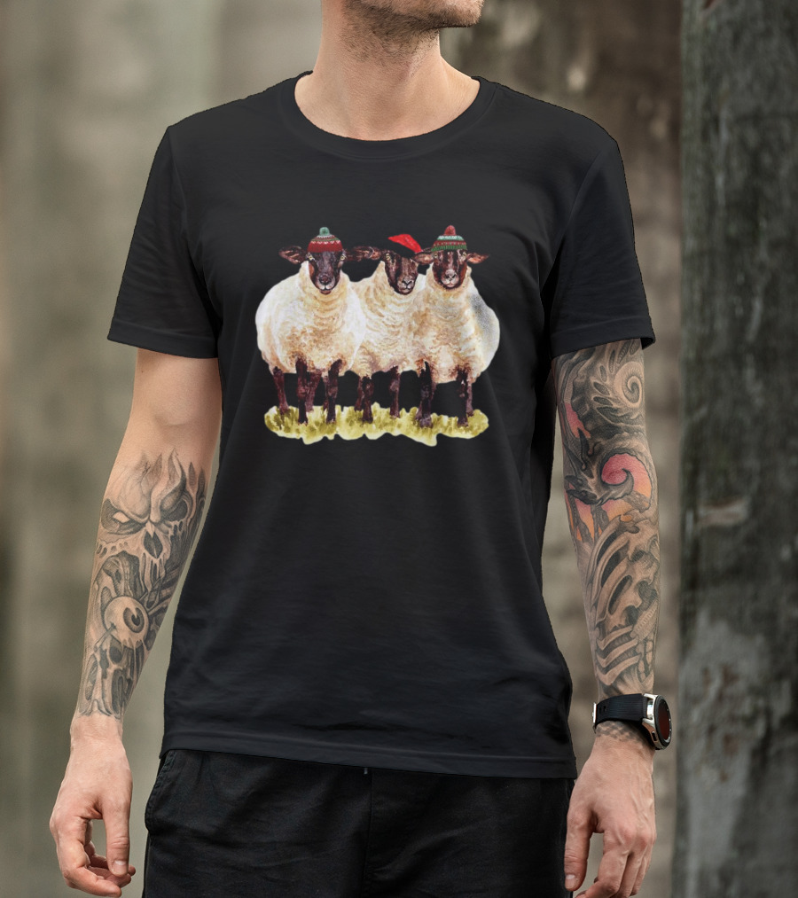 Merry Christmas Santa Sheep Trio With Festive Hats T-Shirt