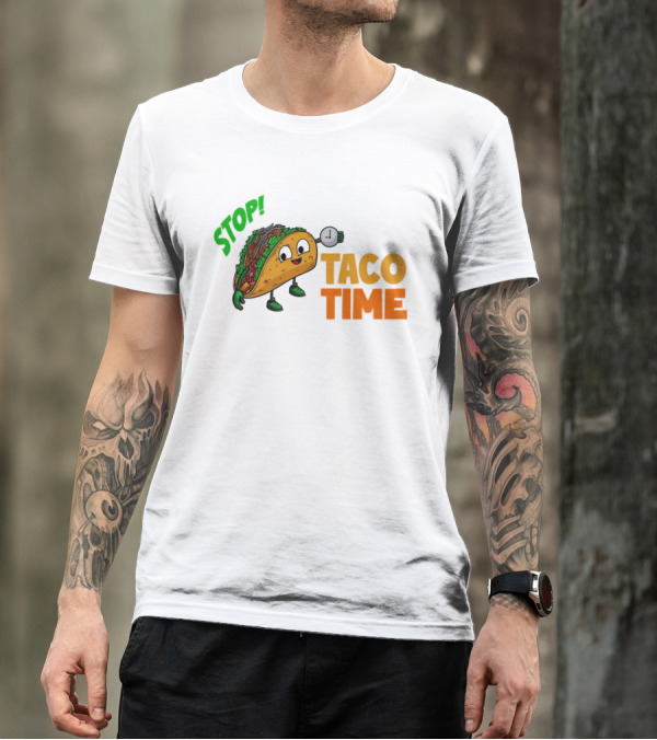 STOP Taco Time Clock Cartoon T-Shirt