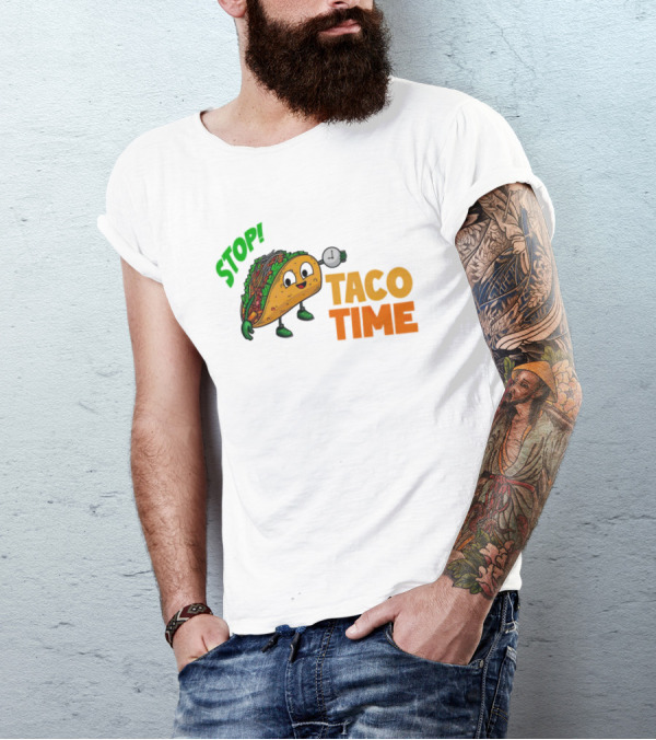 STOP Taco Time Clock Cartoon T-Shirt