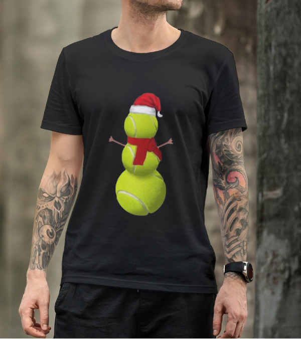 Tennis Ball Snowman With Santa Hat And Scarf Merry Christmas T-Shirt