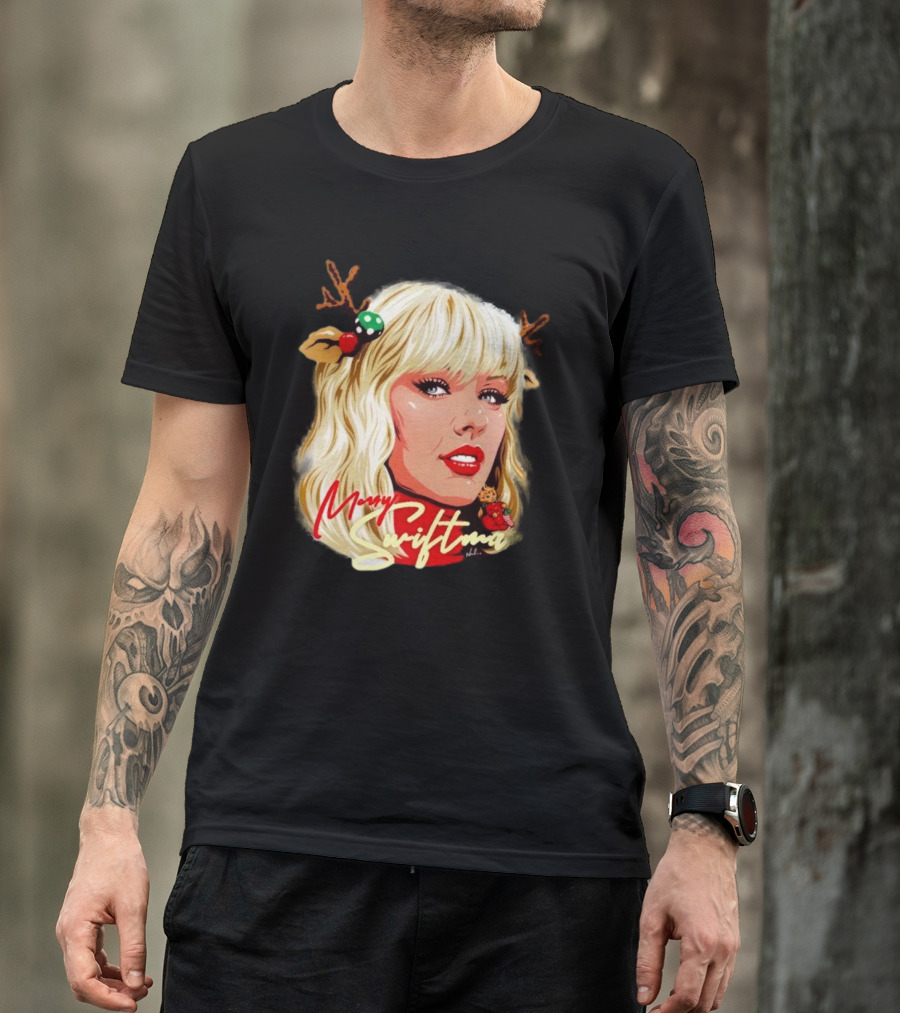 Merry Swiftmas Christmas Reindeer Antlers Bluscious Red Lips Holiday T-Shirt