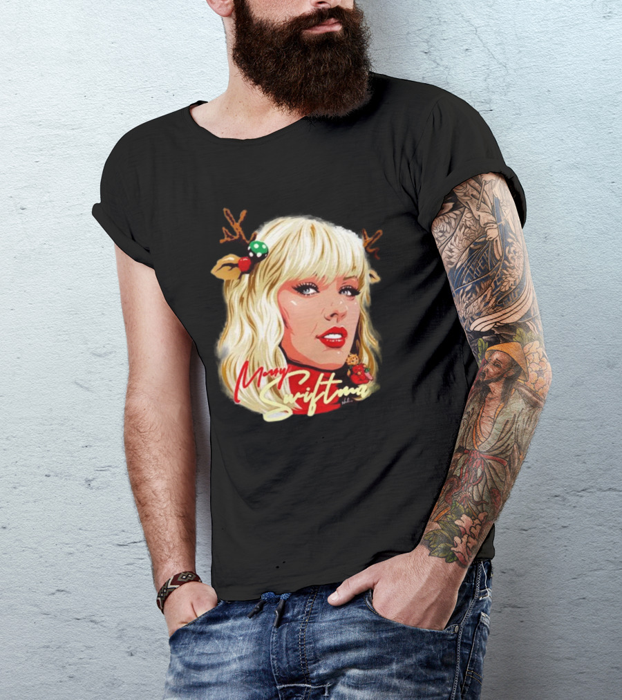 Merry Swiftmas Christmas Reindeer Antlers Bluscious Red Lips Holiday T-Shirt