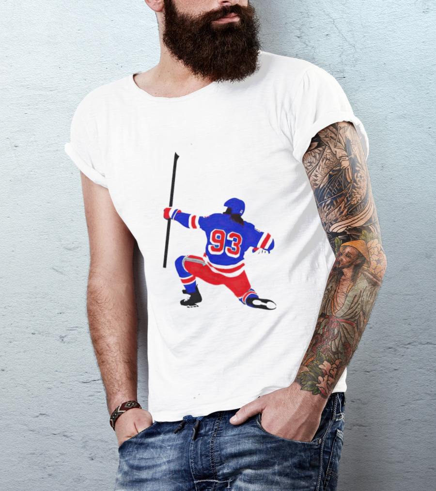 Mika Zibanejad Number 93 Hockey Celebration Iconic Bowing Pose T-Shirt