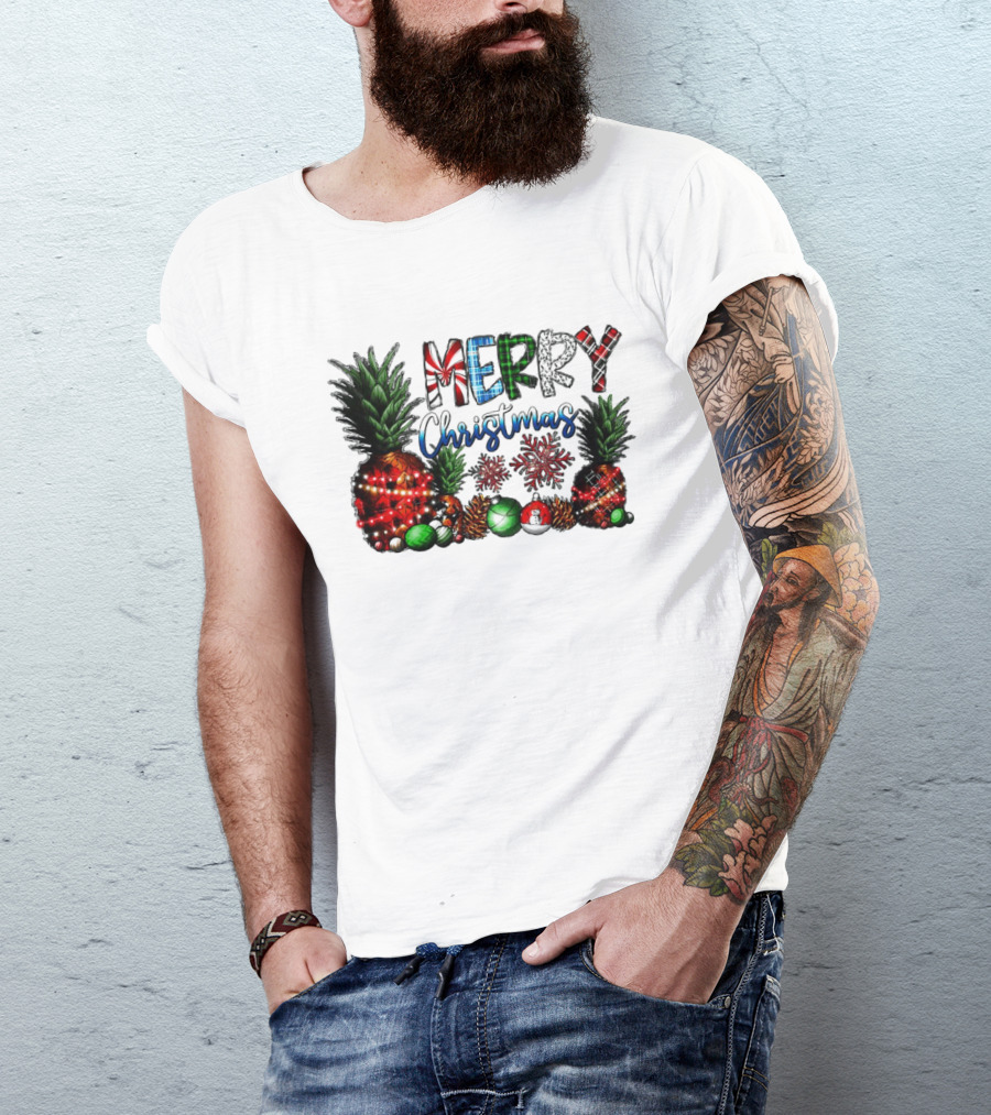 Merry Christmas Pineapple Lights With Snowflakes And Festive Fruits T-Shirt