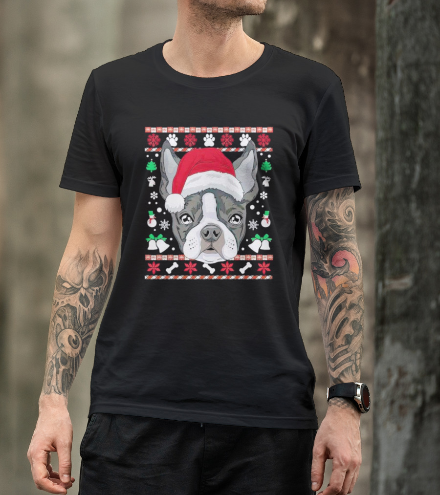 Santa Boston Terrier Ugly Christmas Sweater Paws Bells Snowflakes T-Shirt