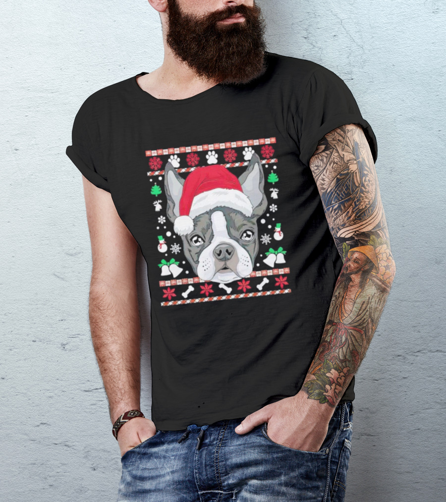 Santa Boston Terrier Ugly Christmas Sweater Paws Bells Snowflakes T-Shirt