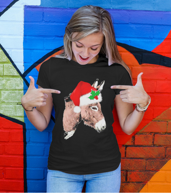 Santa Donkey Festive Hat Christmas Hollys T-Shirt