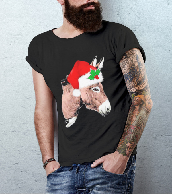Santa Donkey Festive Hat Christmas Hollys T-Shirt