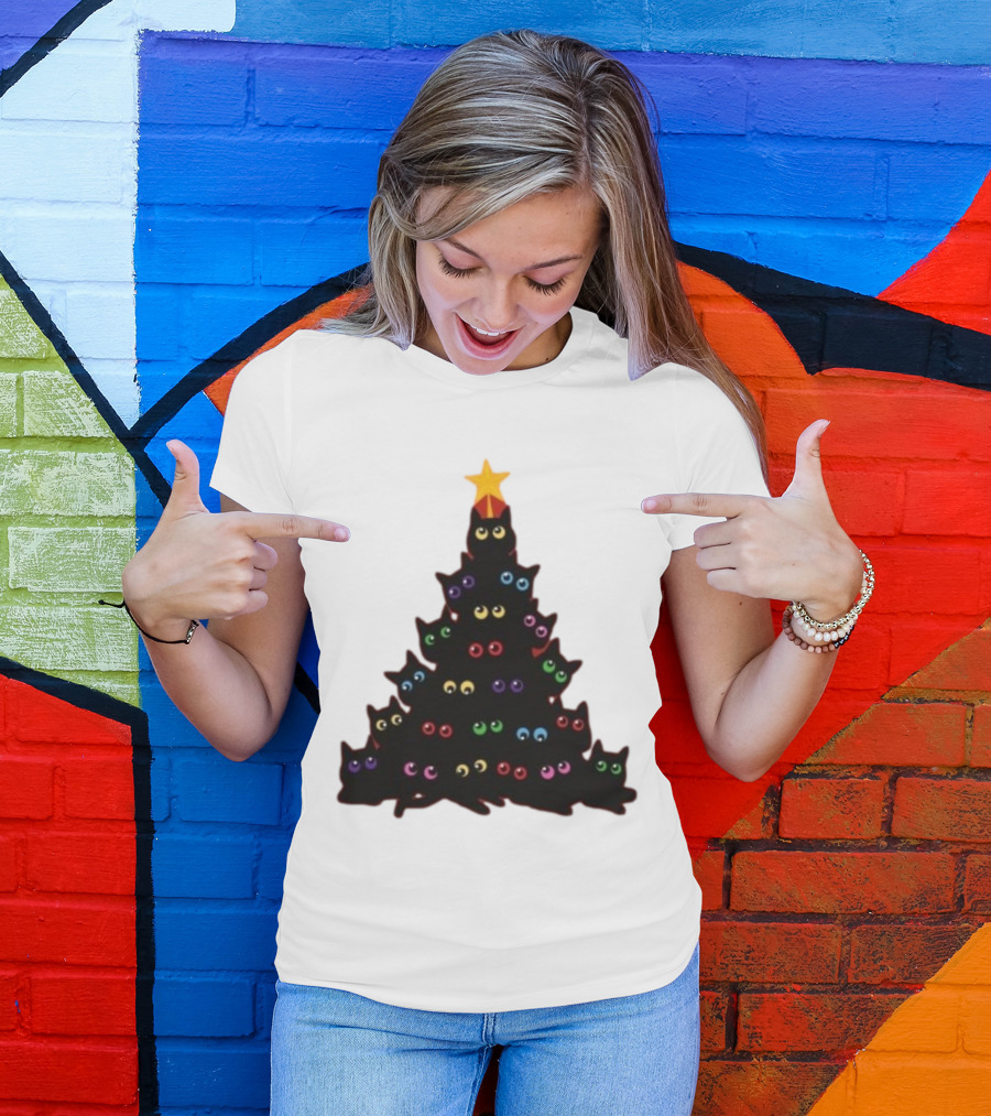 Cat Christmas Tree With Colorful Eyes And Star Top T-Shirt