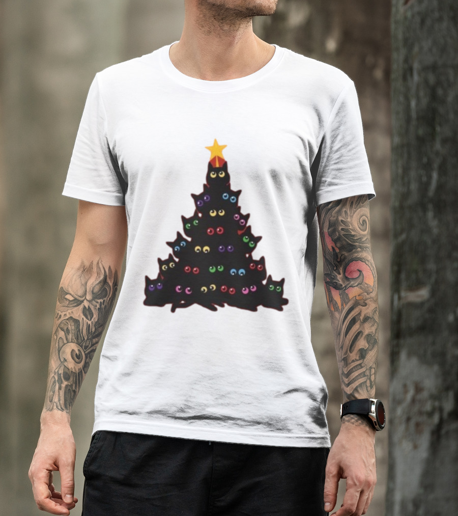 Cat Christmas Tree With Colorful Eyes And Star Top T-Shirt