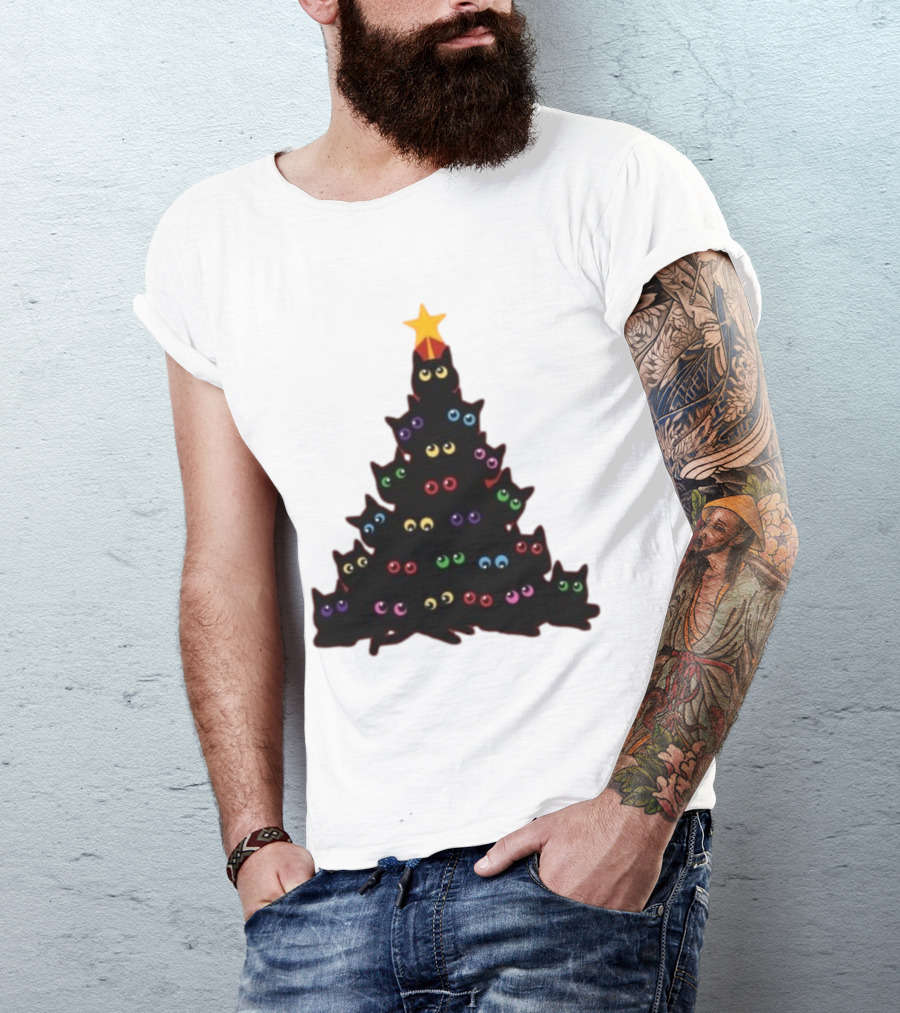 Cat Christmas Tree With Colorful Eyes And Star Top T-Shirt