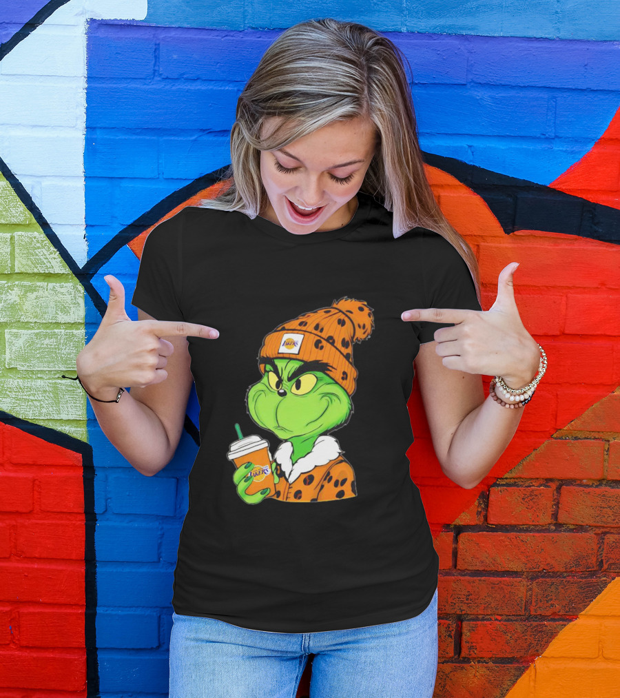 Grinch Drinking Los Angeles Lakers Cup Wearing Beanie T-Shirt