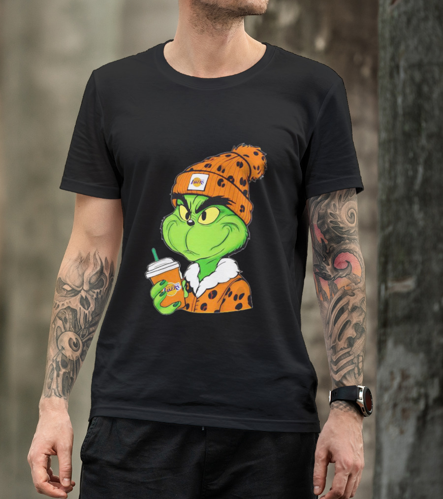 Grinch Drinking Los Angeles Lakers Cup Wearing Beanie T-Shirt