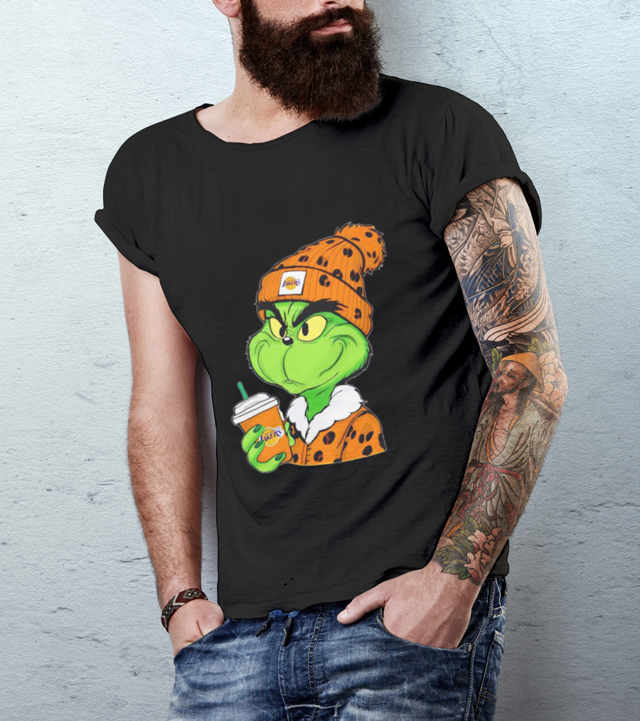 Grinch Drinking Los Angeles Lakers Cup Wearing Beanie T-Shirt