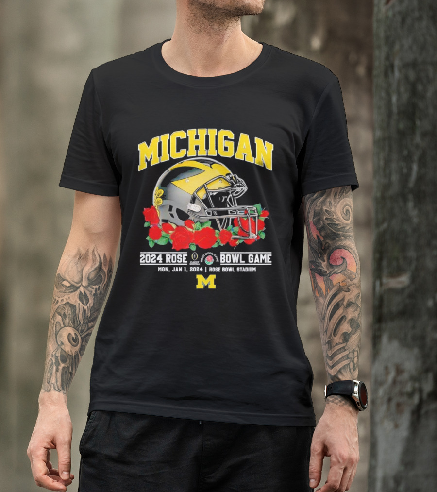 Michigan Wolverines January 1 2024 Rose Bowl Stadium Football Helmet And Red Roses T-Shirt