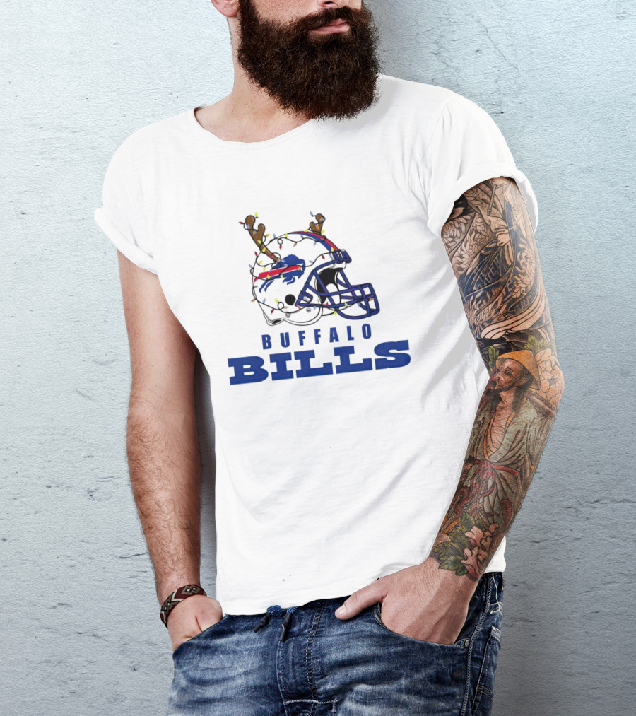 Buffalo Bills Helmet With Deer Antlers And Christmas Lights T-Shirt