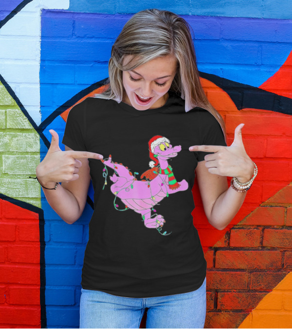 Dragon Figment In Santa Hat Wrapped In Christmas Lights T-Shirt