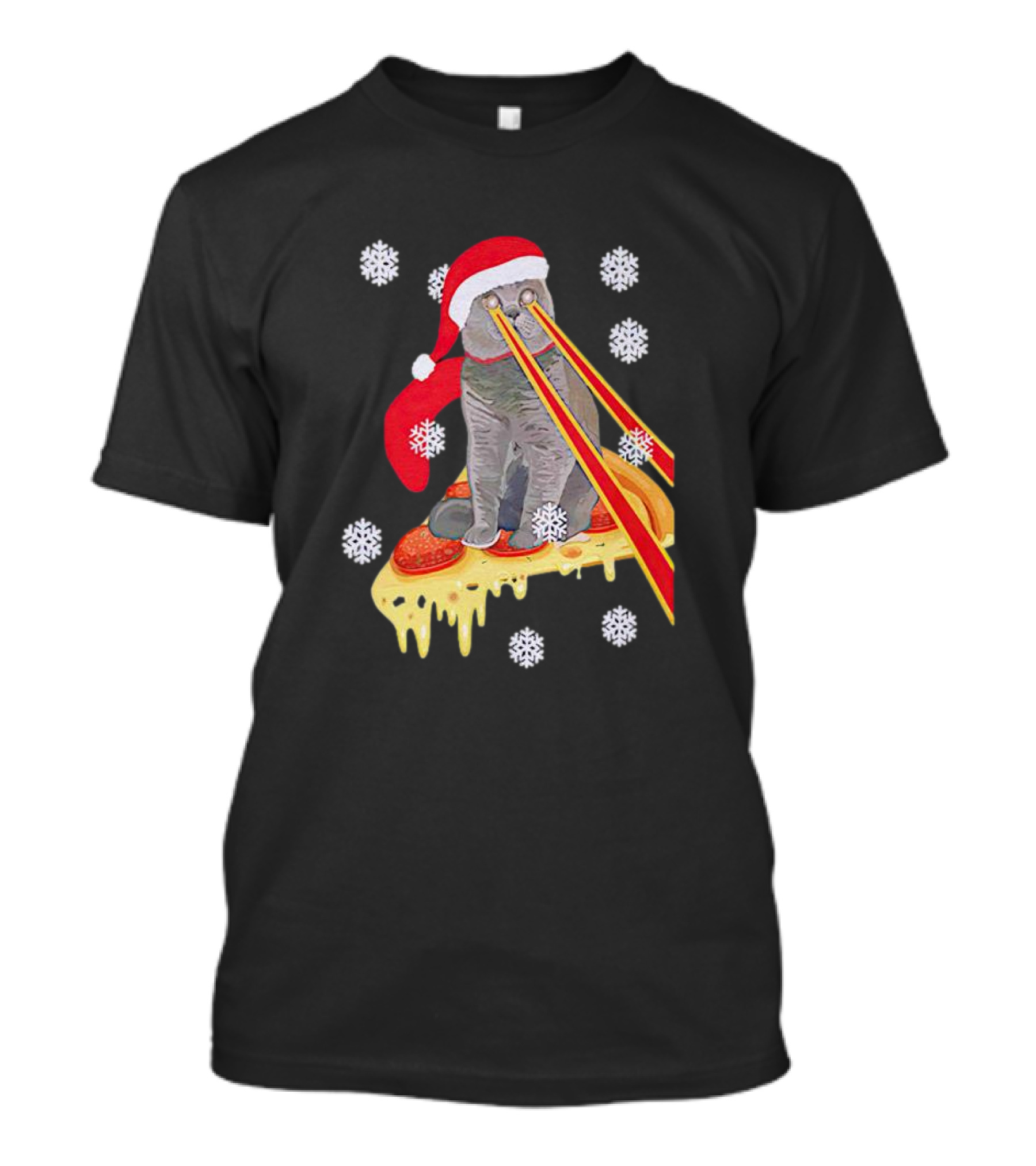 Santa Cat With Laser Eyes On Cheesy Pizza Snowflakes T-Shirt