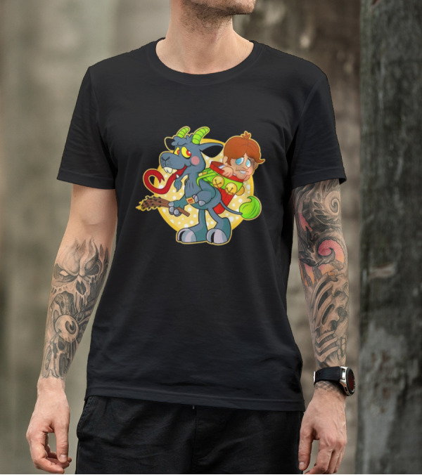 Krampus Rankin-Kramp Cartoon Goat With Red Backpack And Child T-Shirt