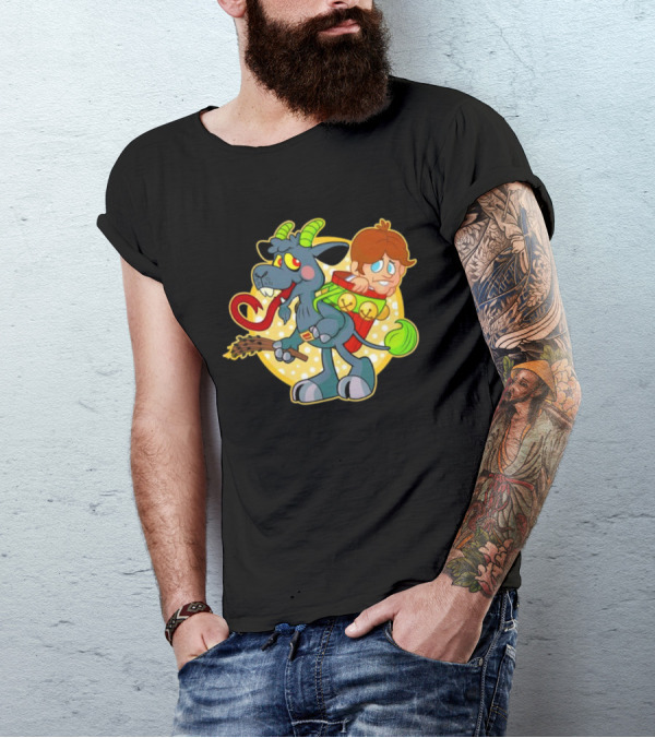 Krampus Rankin-Kramp Cartoon Goat With Red Backpack And Child T-Shirt