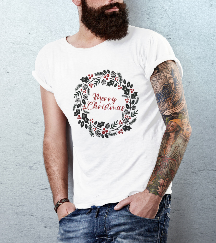 Merry Christmas Wreath With Pinecones And Holly T-Shirt