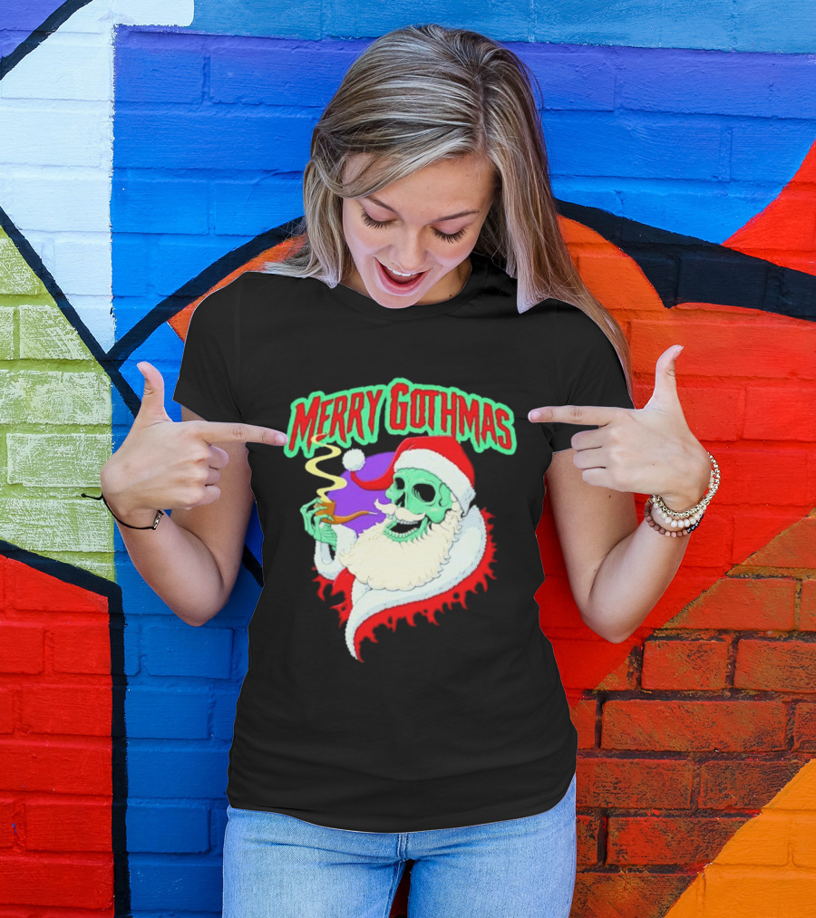 Merry Gothmas Skull Santa Smoking Holiday Greeting T-Shirt