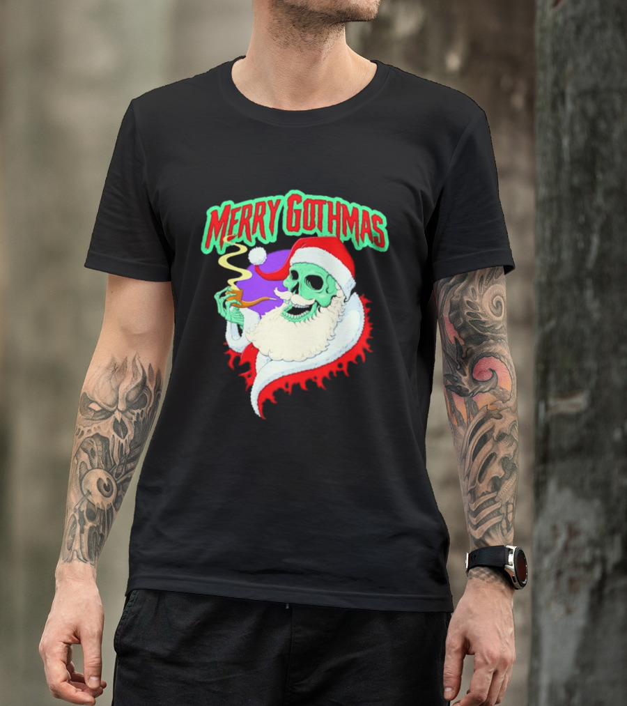 Merry Gothmas Skull Santa Smoking Holiday Greeting T-Shirt