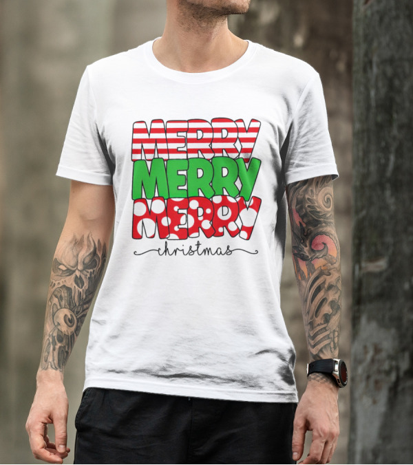 Merry Merry Merry Christmas Stripes And Polka Dots T-Shirt