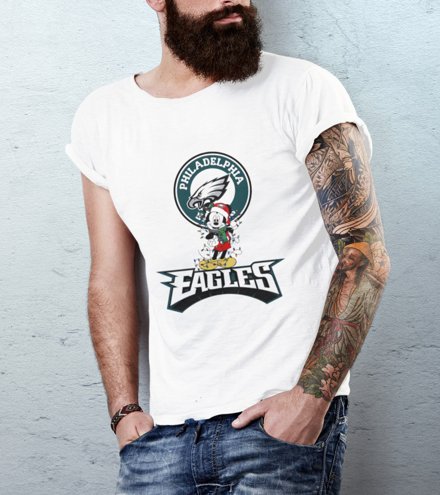 Mickey Mouse Philadelphia Eagles Christmas Lights Holiday Spirit T-Shirt