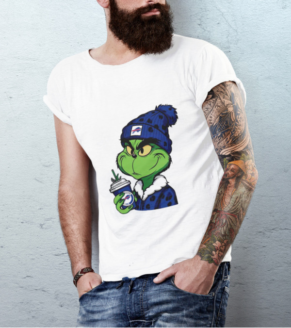 Grinch In Buffalo Bills Beanie Holding Logo Cup T-Shirt